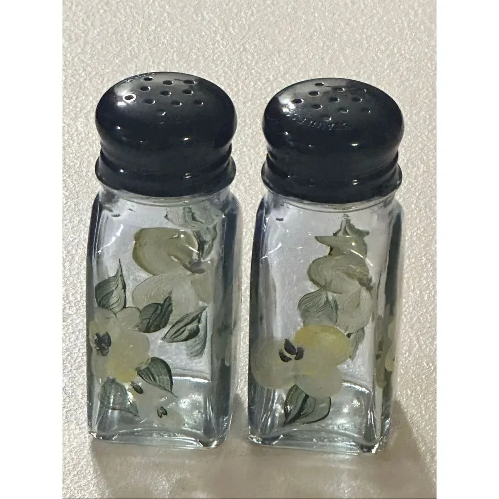 Pair Of Hand Painted Floral Glass Salt & Pepper Shakers